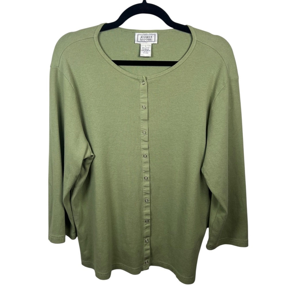 VTG Jennifer Moore Ribbed Cotton Cardigan Green Snap Front Top Minimalist Large
